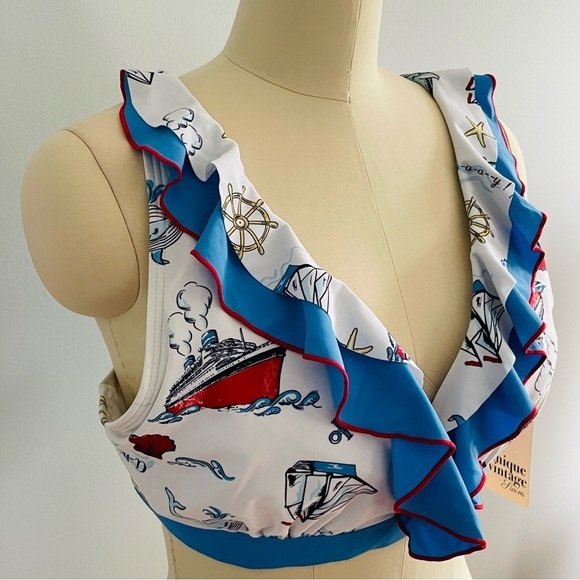 Unique Vintage White & Blue Nautical Print Ruffle Swim Top- Size 2X (18)- NWT - Picture 4 of 10